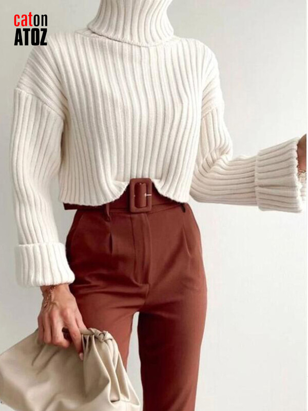 Női őszi csengő ujjú garbó bő, rövid pulóver pulóver Vintage pulóver női téli meleg kötött pulóver puha 2980