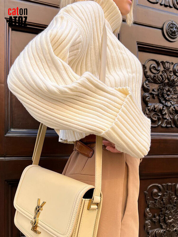 Női őszi csengő ujjú garbó bő, rövid pulóver pulóver Vintage pulóver női téli meleg kötött pulóver puha 2980