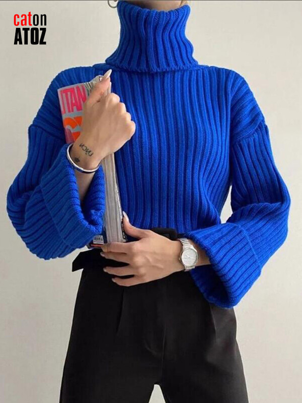 Női őszi csengő ujjú garbó bő, rövid pulóver pulóver Vintage pulóver női téli meleg kötött pulóver puha 2980