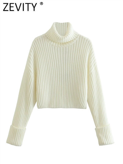 Zevity új női, egyszerűen kétszínű, bordázott, rövid stílusú kötő pulóver, női elegáns garbó galléros pulóverek felsők S3532