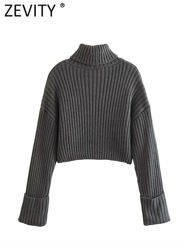Zevity új női, egyszerűen kétszínű, bordázott, rövid stílusú kötő pulóver, női elegáns garbó galléros pulóverek felsők S3532