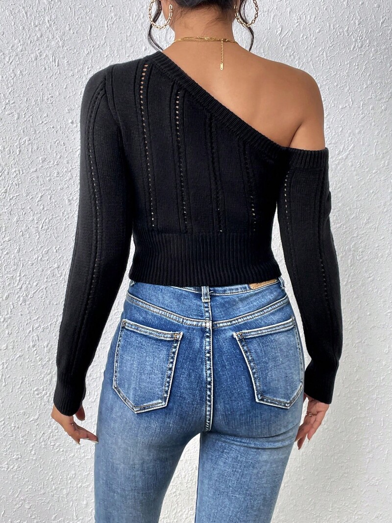 Pulovere tricotate pentru femei, cu guler diagonal, cu mâneci lungi, de culoare solidă, scurte, de top, la modă, la modă, subțire, versatile, tricotate