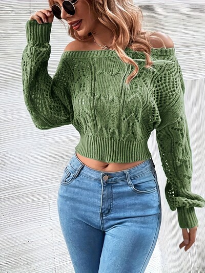 Pulover crop top din tricot cu mânecă lungă, fără umăr, de toamnă și iarnă