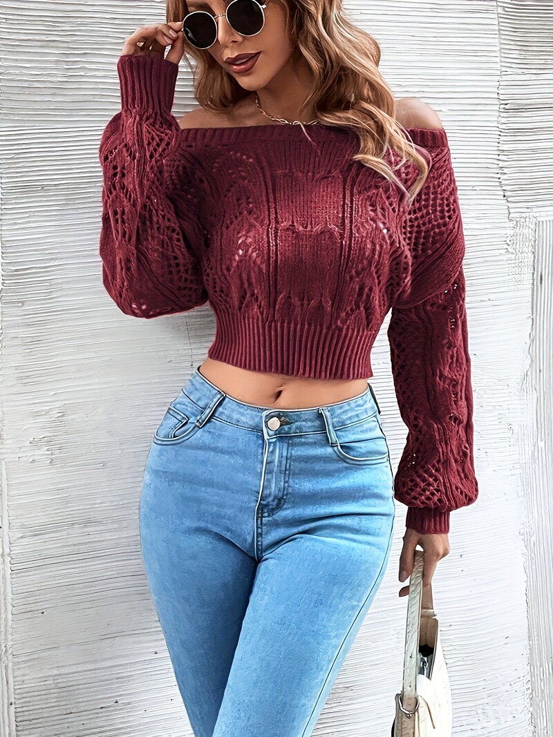 Pulover crop top din tricot cu mânecă lungă, fără umăr, de toamnă și iarnă