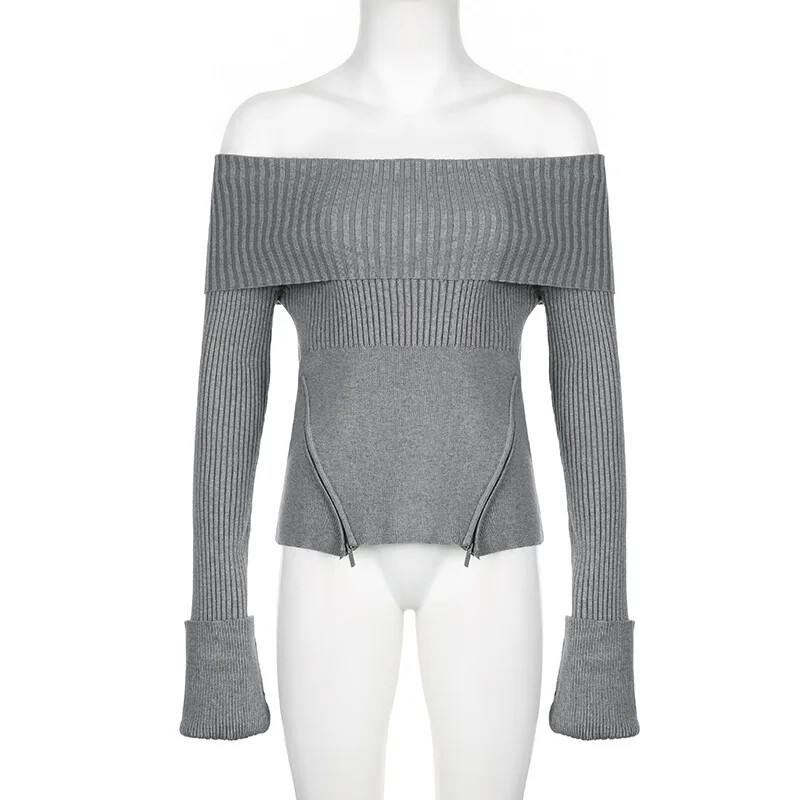 Pulovere tricotate cu umăr în afara modului coreean pentru femei, cu fermoar, cu mânecă lungă, subțire, gri, solidă, simplă, de stradă