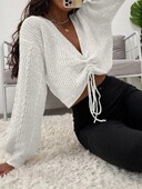 Moda pentru femei, alb, sexy, cu decolteu adânc în V, pulover tricotat pentru femei, cu șnur, cu cravată, pulover, tricotat, crop top cu nervuri
