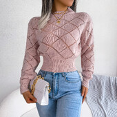 Πλεκτά πουλόβερ Γυναικείες 2023 Φθινόπωρο Χειμώνας Casual Μακρυμάνικο κούφιο πουλόβερ Crop Top Λευκό Ροζ Χακί