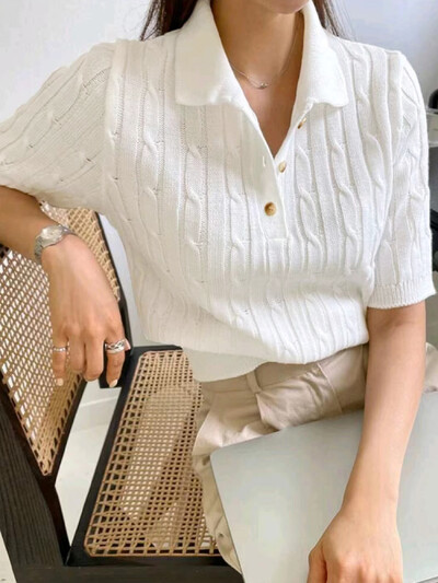 Pulover de damă pulover guler culoare bump cu mânecă scurtă răsucire moda primăvară și vară