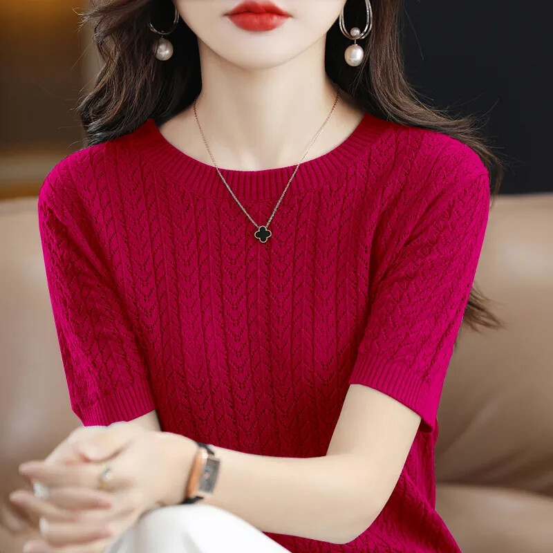 Pavasaris Vasara Sieviešu džemperi ar īsām piedurknēm Korejiešu modes trikotāža Slim Fit apakšā krekli Ikdienas O veida kakla Puloveri Trikotāžas Topi