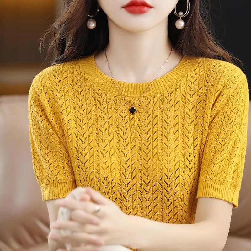 Pavasaris Vasara Sieviešu džemperi ar īsām piedurknēm Korejiešu modes trikotāža Slim Fit apakšā krekli Ikdienas O veida kakla Puloveri Trikotāžas Topi