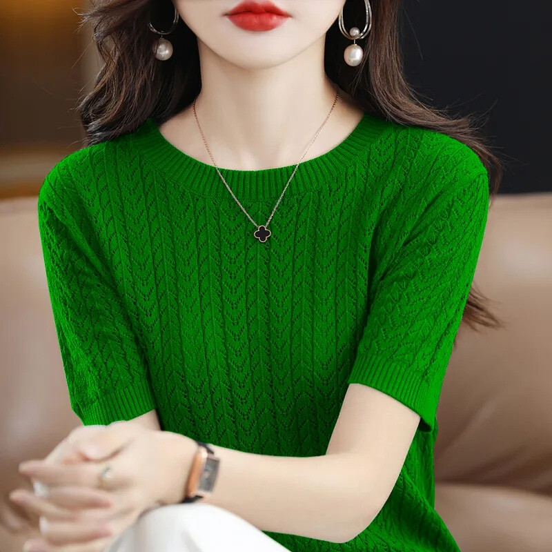 Pavasaris Vasara Sieviešu džemperi ar īsām piedurknēm Korejiešu modes trikotāža Slim Fit apakšā krekli Ikdienas O veida kakla Puloveri Trikotāžas Topi