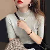 2024, primăvară, vară, pulover pentru femei, cu mânecă scurtă, cu gât tricotat, slim fit, tricotate, cu fundul, tricotaje casual, haine de cămilă