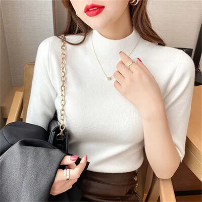 2024, primăvară, vară, pulover pentru femei, cu mânecă scurtă, cu gât tricotat, slim fit, tricotate, cu fundul, tricotaje casual, haine de cămilă