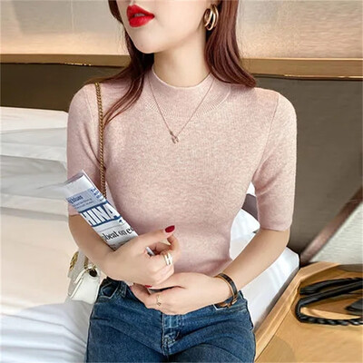 2024, primăvară, vară, pulover pentru femei, cu mânecă scurtă, cu gât tricotat, slim fit, tricotate, cu fundul, tricotaje casual, haine de cămilă