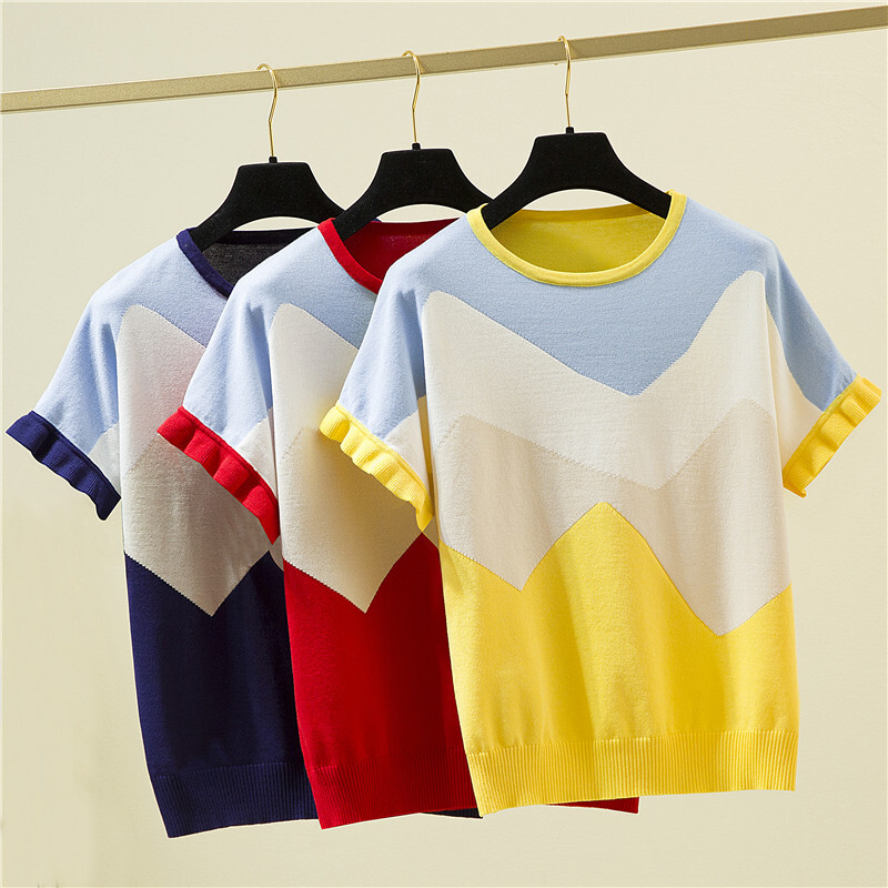 Pulover tricotat cu mânecă scurtă, cu volane, colorate, pentru femei, pulover largi, Topuri la modă, primăvară vară 2022