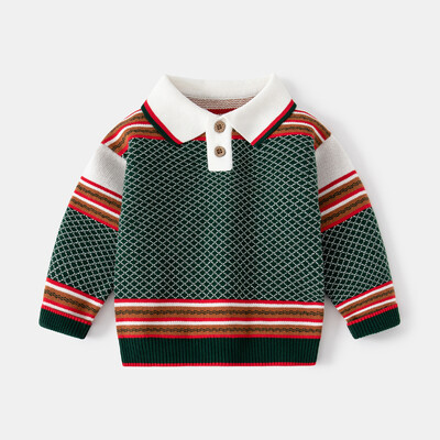 Fiúk hétköznapi színes blokk csíkos hosszú ujjú pulóver tavaszi ősz divatos polo gallérral kötött pulóver kötöttáru 2-7 éves korig