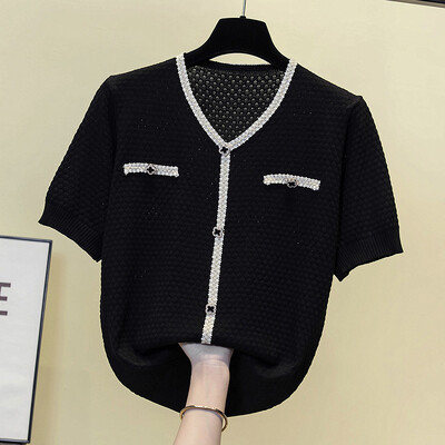 Naiste kevadsuvi stiil Kootud kampsun Pullovers Lady Casual lapivärv V-kaelusega Lühikeste varrukatega Roosa Pullover Kudumid Topid