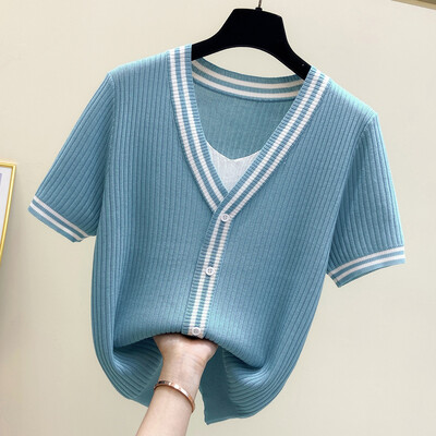Naiste kevadsuvi stiil Kootud kampsun Pullovers Lady Casual lapivärv V-kaelusega Lühikeste varrukatega Roosa Pullover Kudumid Topid
