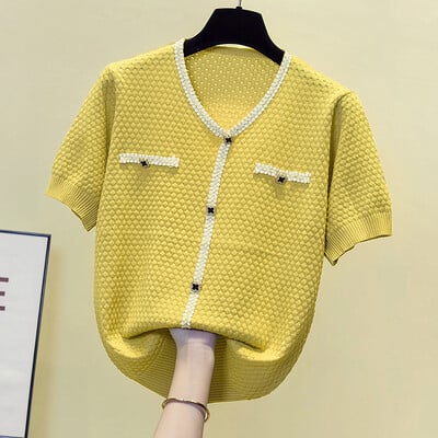 Naiste kevadsuvi stiil Kootud kampsun Pullovers Lady Casual lapivärv V-kaelusega Lühikeste varrukatega Roosa Pullover Kudumid Topid