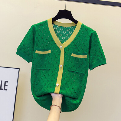 Naiste kevadsuvi stiil Kootud kampsun Pullovers Lady Casual lapivärv V-kaelusega Lühikeste varrukatega Roosa Pullover Kudumid Topid