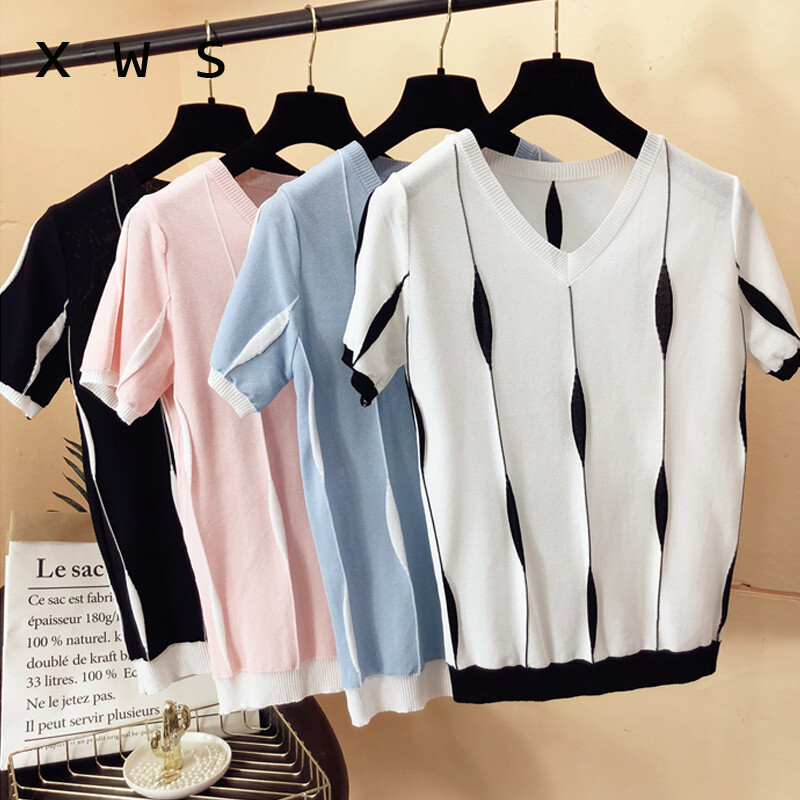 Γυναικείο Πλεκτό Πλεκτό Πουλόβερ Γυναικείο Άνοιξη Καλοκαίρι Πλεκτό Μπλουζάκια Πλεκτά Πλεκτά με λαιμόκοψη V με κοντό μανίκι