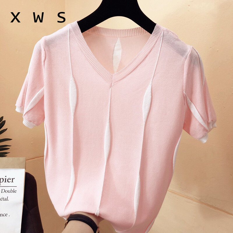 Γυναικείο Πλεκτό Πλεκτό Πουλόβερ Γυναικείο Άνοιξη Καλοκαίρι Πλεκτό Μπλουζάκια Πλεκτά Πλεκτά με λαιμόκοψη V με κοντό μανίκι