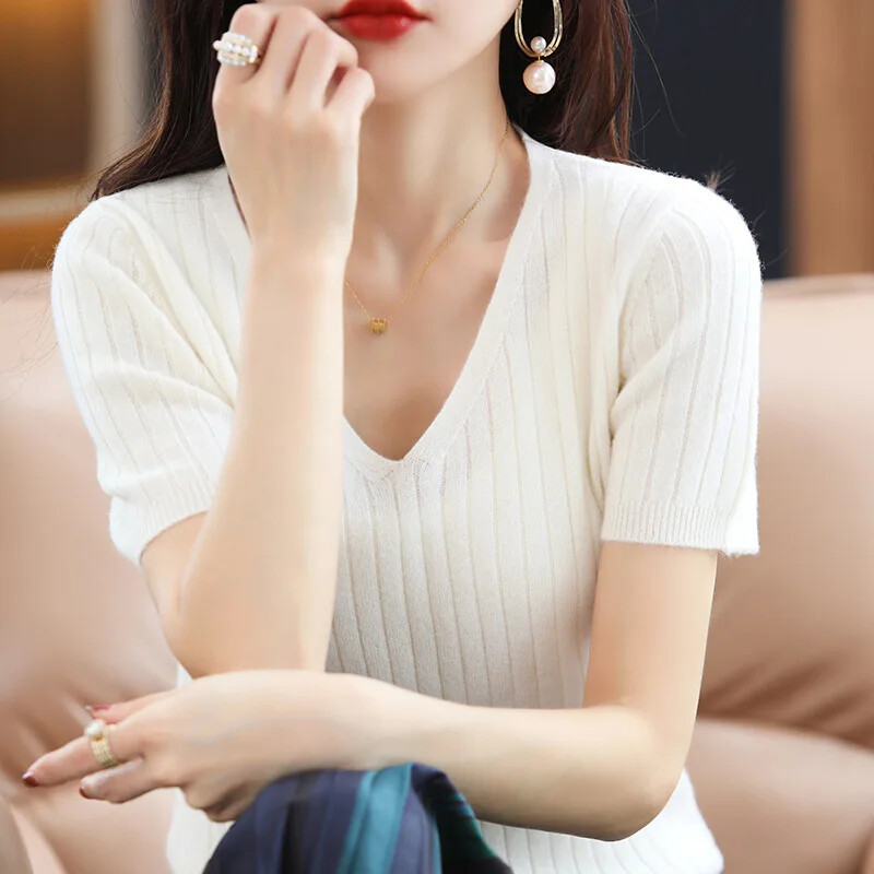 2024 Pulover de femeie cu mânecă scurtă de primăvară vară tricotaje de modă coreeană pulovere cu dungi Pulovere slim Fit tricot Pulovere casual cu decolteu în V