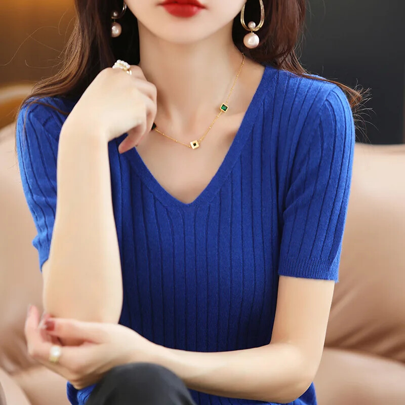 2024 Pulover de femeie cu mânecă scurtă de primăvară vară tricotaje de modă coreeană pulovere cu dungi Pulovere slim Fit tricot Pulovere casual cu decolteu în V