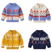 Pulover cu mânecă lungă în dungi geometrice pentru băieți, ocazional, primăvară, toamnă, nou, elegant, guler, fermoar, tricotat, cardigan 2-7 ani