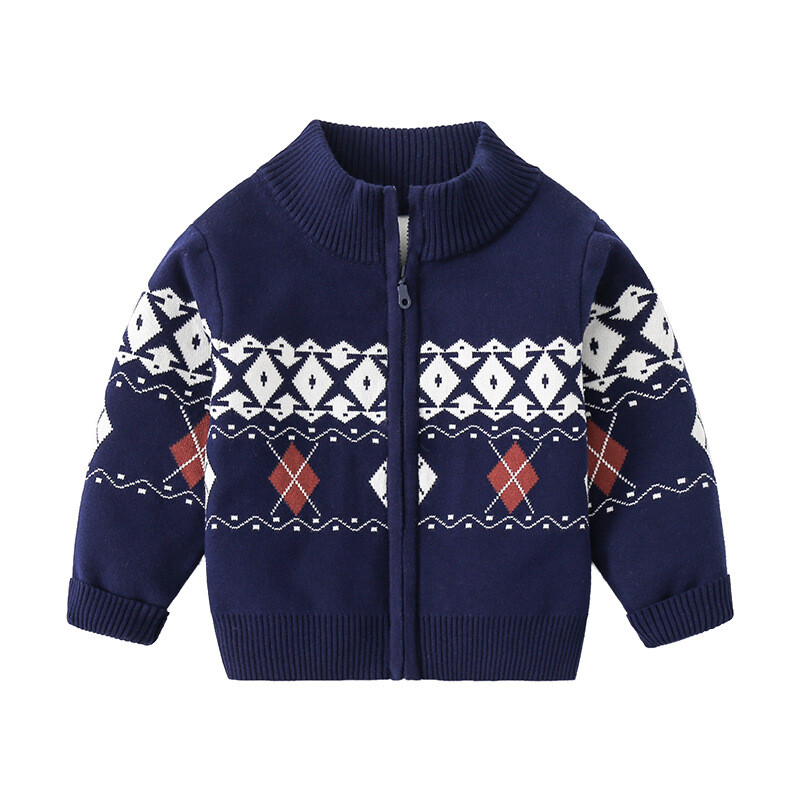 Pulover cu mânecă lungă în dungi geometrice pentru băieți, ocazional, primăvară, toamnă, nou, elegant, guler, fermoar, tricotat, cardigan 2-7 ani