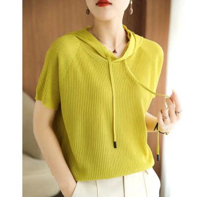 Vară 2024 Temperament pentru femei Apare subțire, largi, pulover de tricotat, pulover, cu glugă, cu mânecă scurtă, pentru femei.