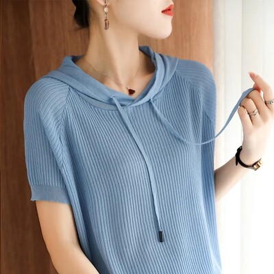 Vară 2024 Temperament pentru femei Apare subțire, largi, pulover de tricotat, pulover, cu glugă, cu mânecă scurtă, pentru femei.