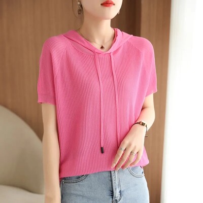 Vară 2024 Temperament pentru femei Apare subțire, largi, pulover de tricotat, pulover, cu glugă, cu mânecă scurtă, pentru femei.