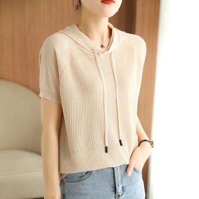 Vară 2024 Temperament pentru femei Apare subțire, largi, pulover de tricotat, pulover, cu glugă, cu mânecă scurtă, pentru femei.