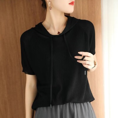 Vară 2024 Temperament pentru femei Apare subțire, largi, pulover de tricotat, pulover, cu glugă, cu mânecă scurtă, pentru femei.