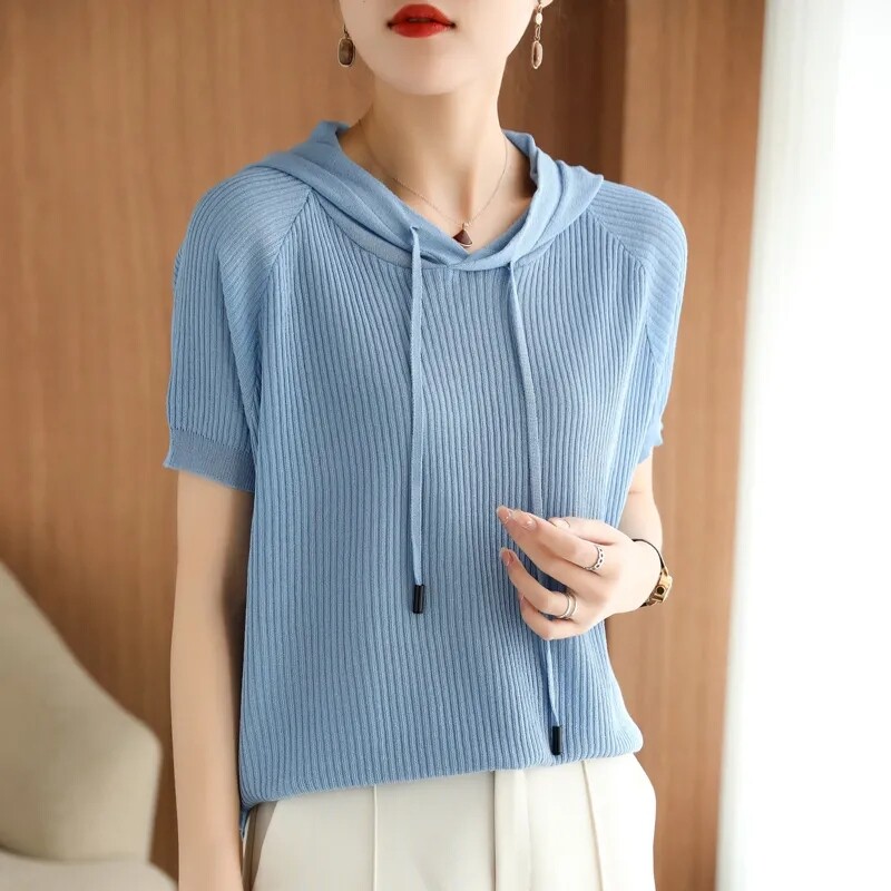 Vară 2024 Temperament pentru femei Apare subțire, largi, pulover de tricotat, pulover, cu glugă, cu mânecă scurtă, pentru femei.