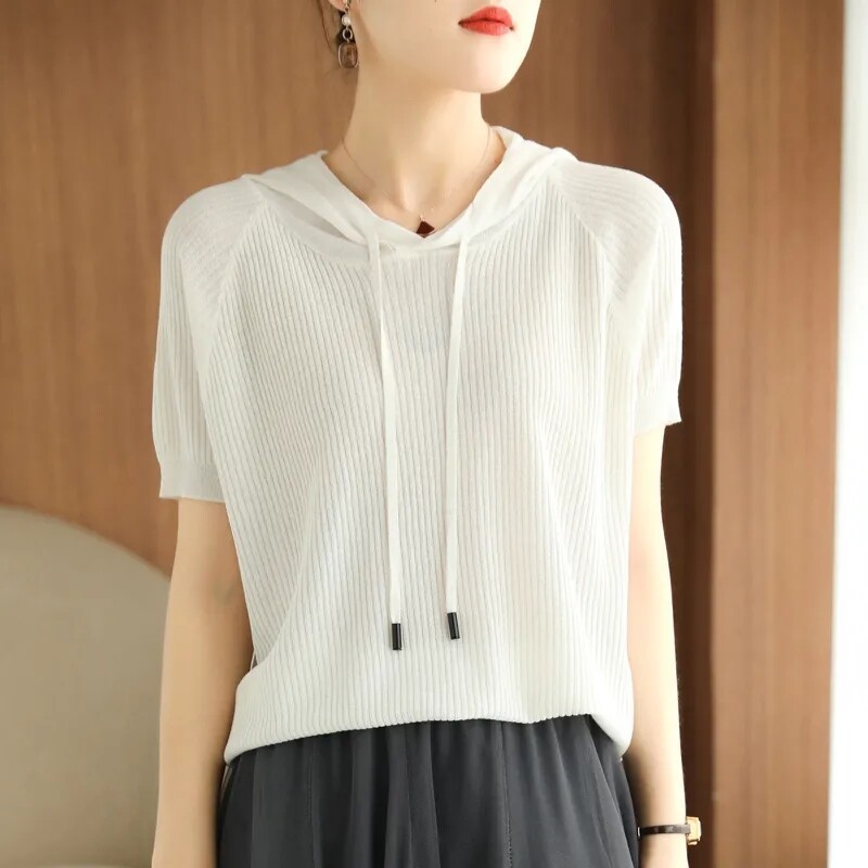 Vară 2024 Temperament pentru femei Apare subțire, largi, pulover de tricotat, pulover, cu glugă, cu mânecă scurtă, pentru femei.