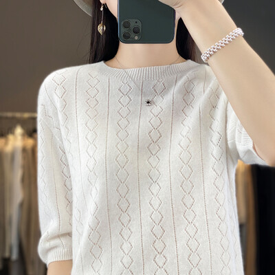 Γυναικείο πουλόβερ 100% μαλλί Merino Άνοιξη Καλοκαίρι με λαιμόκοψη διαμάντι μονόχρωμο κούφιο μονόχρωμο πουλόβερ με κοντά μανίκια μαλακά μπλουζάκια