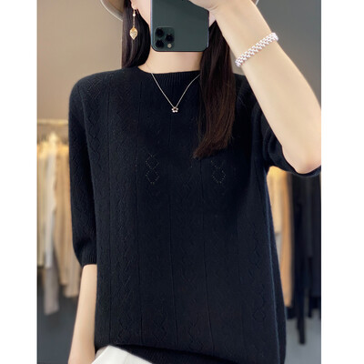 Γυναικείο πουλόβερ 100% μαλλί Merino Άνοιξη Καλοκαίρι με λαιμόκοψη διαμάντι μονόχρωμο κούφιο μονόχρωμο πουλόβερ με κοντά μανίκια μαλακά μπλουζάκια