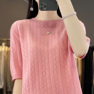 Γυναικείο πουλόβερ 100% μαλλί Merino Άνοιξη Καλοκαίρι με λαιμόκοψη διαμάντι μονόχρωμο κούφιο μονόχρωμο πουλόβερ με κοντά μανίκια μαλακά μπλουζάκια