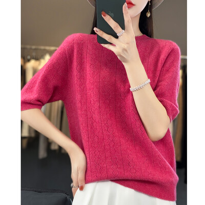 Γυναικείο πουλόβερ 100% μαλλί Merino Άνοιξη Καλοκαίρι με λαιμόκοψη διαμάντι μονόχρωμο κούφιο μονόχρωμο πουλόβερ με κοντά μανίκια μαλακά μπλουζάκια