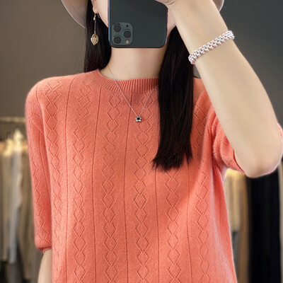 Γυναικείο πουλόβερ 100% μαλλί Merino Άνοιξη Καλοκαίρι με λαιμόκοψη διαμάντι μονόχρωμο κούφιο μονόχρωμο πουλόβερ με κοντά μανίκια μαλακά μπλουζάκια