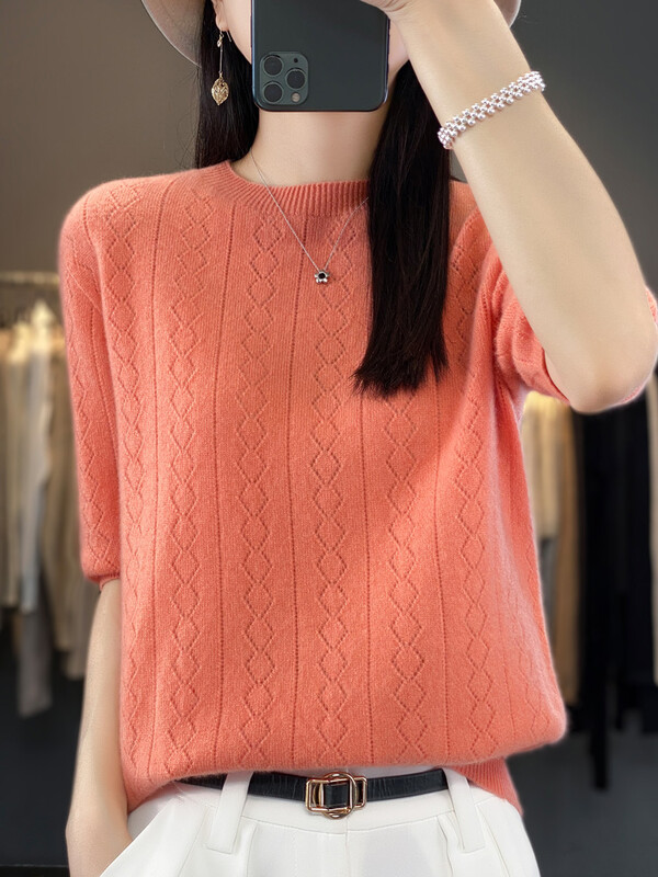 Γυναικείο πουλόβερ 100% μαλλί Merino Άνοιξη Καλοκαίρι με λαιμόκοψη διαμάντι μονόχρωμο κούφιο μονόχρωμο πουλόβερ με κοντά μανίκια μαλακά μπλουζάκια