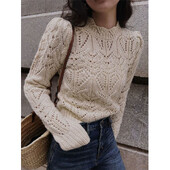 Pulover decupat vintage pentru femei Pulovere tricotate cu scobitură elegantă Îmbrăcăminte de stradă Tricotaj coreeani Pulovere casual pentru damă de primăvară