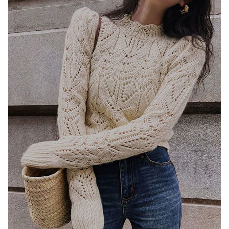 Pulover decupat vintage pentru femei Pulovere tricotate cu scobitură elegantă Îmbrăcăminte de stradă Tricotaj coreeani Pulovere casual pentru damă de primăvară