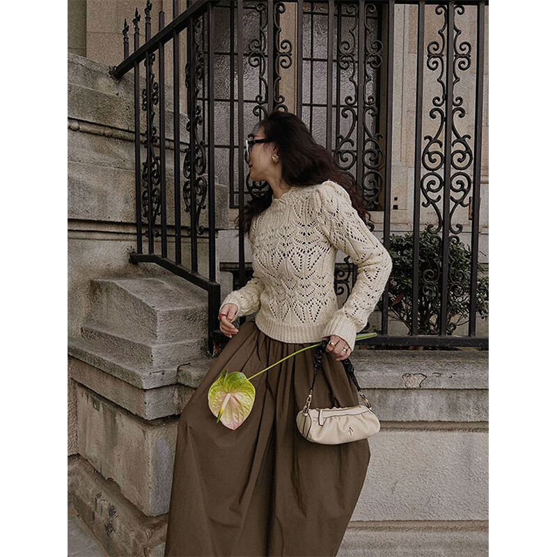 Pulover decupat vintage pentru femei Pulovere tricotate cu scobitură elegantă Îmbrăcăminte de stradă Tricotaj coreeani Pulovere casual pentru damă de primăvară