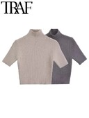 TRAF GAL 2024 Άνοιξη Γυναικεία Μασίφ, περιστασιακή πλεκτή μπλούζα Crop Casual χαλαρό κοντό μανίκι μισό ψηλό γιακά Mujer πουλόβερ Y2K πουλόβερ