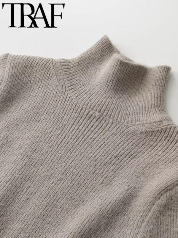 TRAF GAL 2024 Άνοιξη Γυναικεία Μασίφ, περιστασιακή πλεκτή μπλούζα Crop Casual χαλαρό κοντό μανίκι μισό ψηλό γιακά Mujer πουλόβερ Y2K πουλόβερ