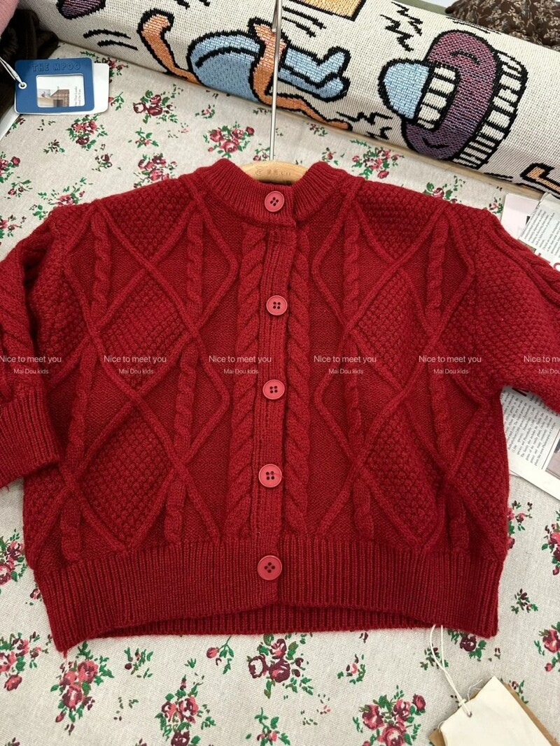 Îmbrăcăminte pentru copii Pulover coreean Cardigan 2024 Ținută de primăvară Noua modă pentru bebeluși Roșu Jachetă tricotată pentru copii