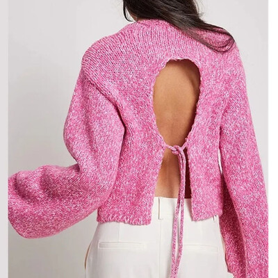 Pulover de damă, tricot solid, cu gâtul O, cu decuparea în spate, cu șireturi supradimensionate, cu mânecă lungă, crop top, toamnă, primăvară, tricotaje sexy din pânză Highstreet